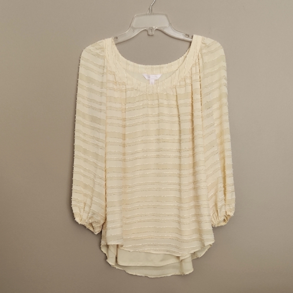 Lauren Conrad Womans Lined Top. 3/4 Length Sleeves Yellow texture Print Sz L GUC